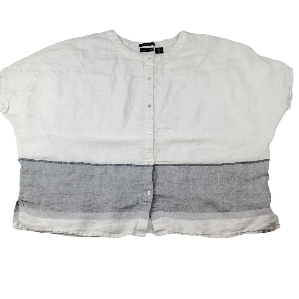 TAHARI‎ Medium Linen button up blouse Cap sleeves Oversized lightweight